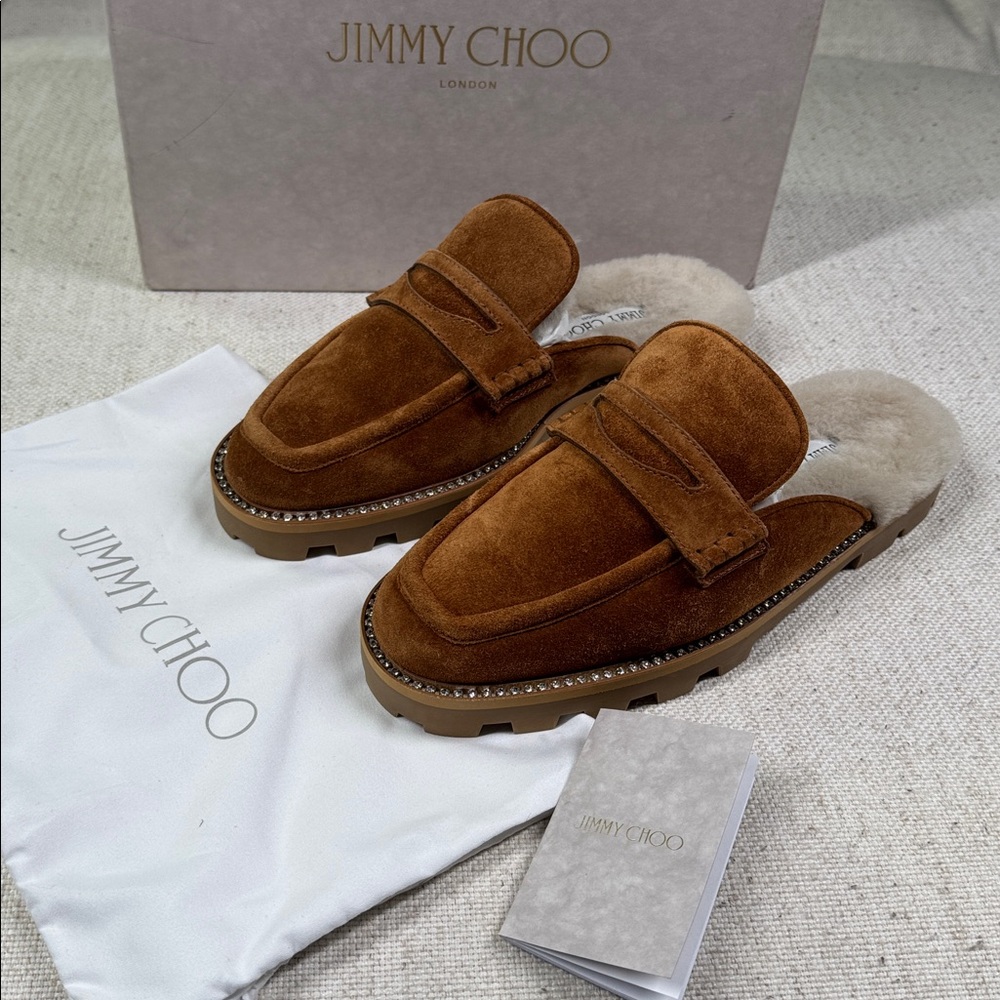 Jimmy Choo Tan Suede and Shearling Slip-On Mules with Crystals Size 38